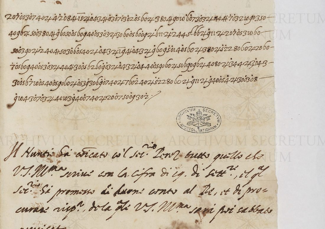 Six lines of contiguous figures, then a clear Italian note in a different hand