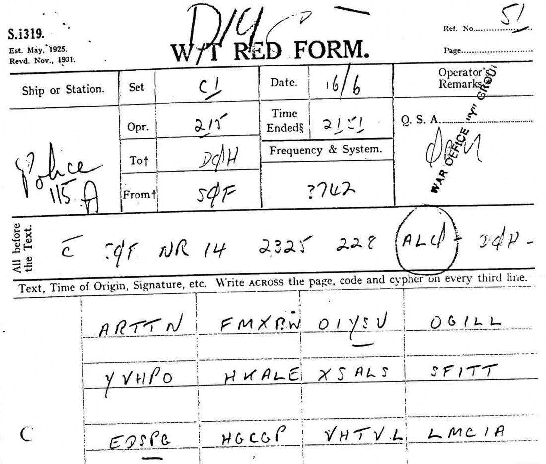W/T Red Form from intercept station 51, 16 June: Police, from SQF to DQH, 3742 kHz, preamble SQF NR 14 2325 228 ALQ, and the first cipher groups ARTTN FMXBW OIYSU OGILL