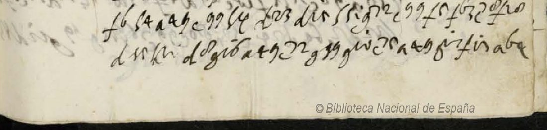 Two lines of cipher at the foot of a page: groups such as f6 h4 a49 c99 h4, written as a letter followed by figures without separators