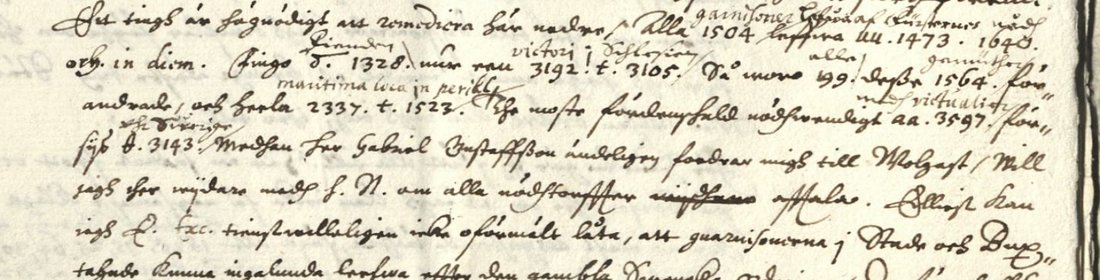 Swedish handwriting with four-digit numbers 1504, 1473, 1328, 3192, 3105, 1564, 2337, 1523, 3597 and 3143, several with small words written above them