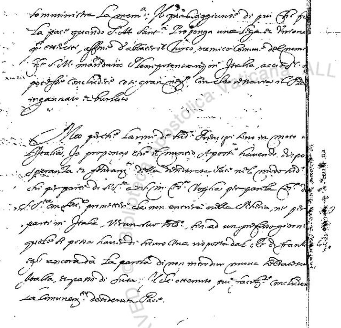 Page 13 of Barb.lat. 6960, clear Italian in a narrow column: the proposal that the Pope, as common father, propose a league to strike the Turk, and that the Emperor send plenipotentiaries to Italy, with the devil left cheated and mocked