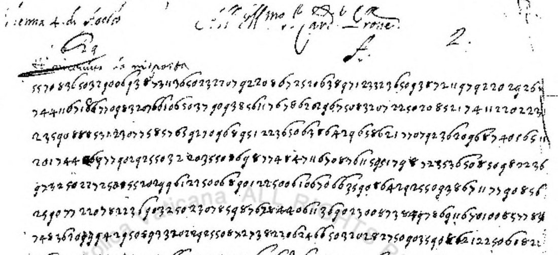 The head of page 5 of Barb.lat. 6960: the clear heading Di Vienna 4 di Agosto and Ill.mo et R.mo Sig.r Card.le P.rone, a struck-out line of plaintext, and then four lines of unbroken figures