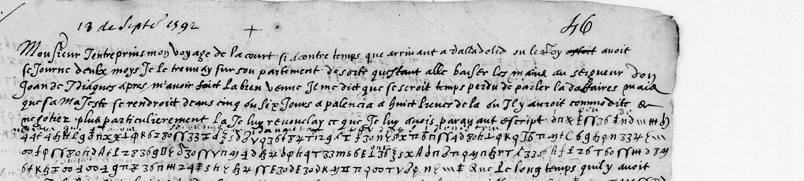 Head of BnF fr. 3982 f. 46r: five lines of clear French, then rows of cipher signs with small interlinear glosses