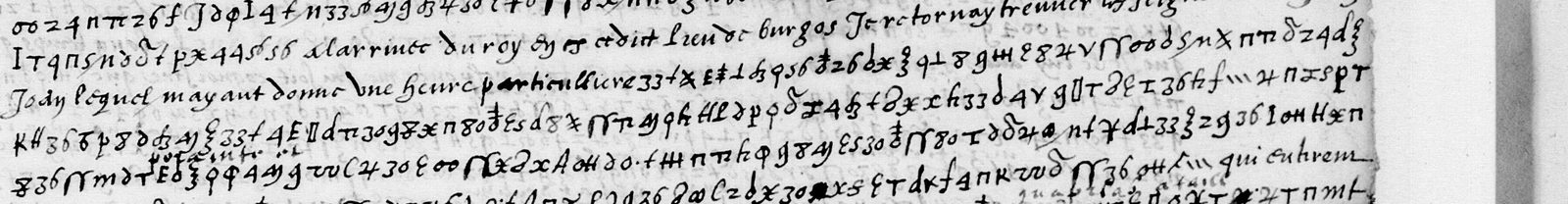 Five lines of f. 46v: cipher runs broken by clear French such as 'a l'arrivee du roy en ce dict lieu de Burgos'