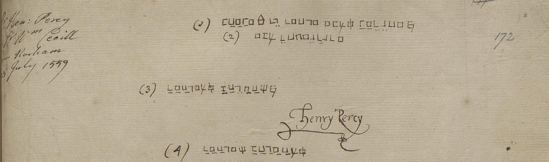 Tracing of four short lines in a box script numbered (1) to (4), with the signature Henry Percy between lines 3 and 4 and the heading Sr Hen: Percy to Sr Wm Cecill from Norham 23 July 1559