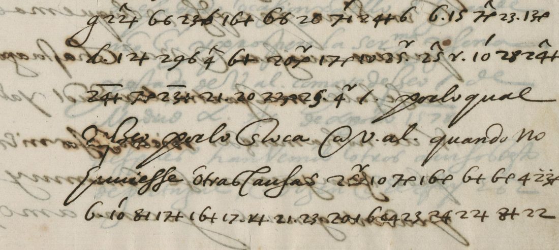 Five lines of the letter's second cipher passage on image 2: rows of numbers with marks and superscripts, with P&eacute;rez's clear Spanish between them and the paper stained by ink burn-through