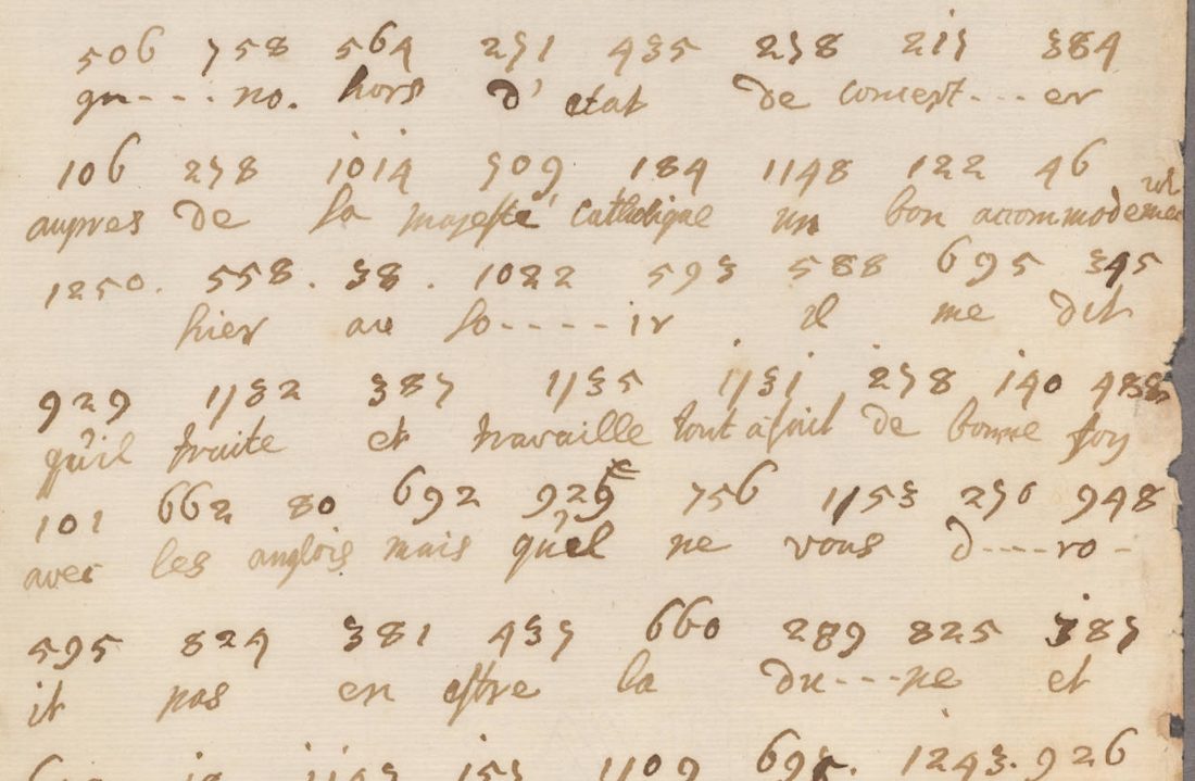 Code numbers with a French decipherment written beneath each line