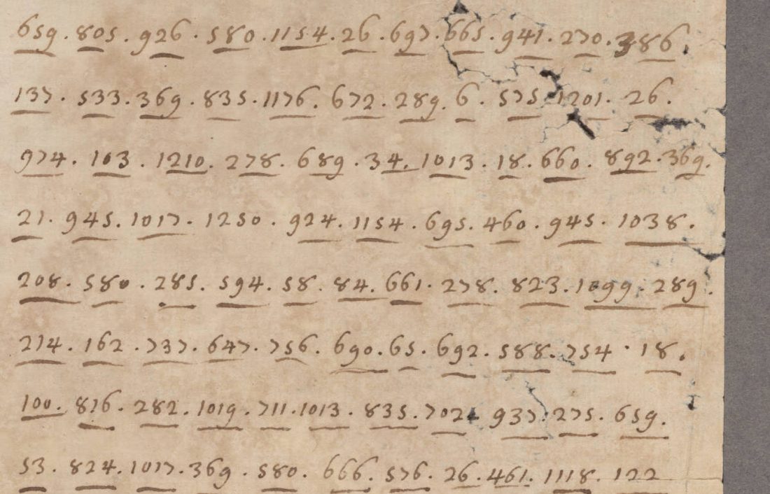 Numbered code groups in brown ink, each underlined