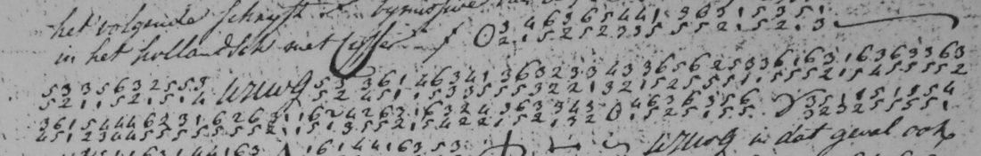 Two lines of the Dutch postscript: clear words, then digit pairs written one above the other
