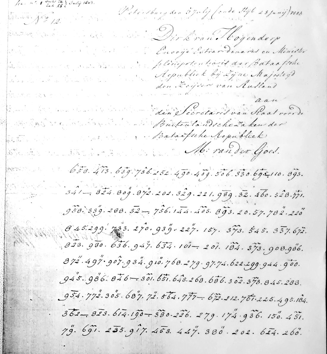 Opening of Hogendorp's dispatch no. 12, with the clear address and ten lines of marked numerical cipher groups