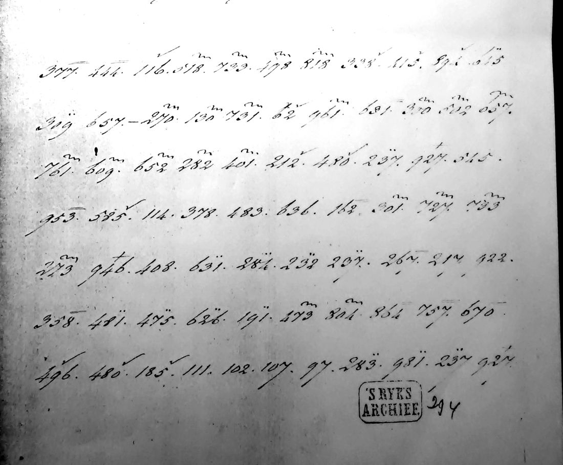 Seven lines of three-digit cipher groups with superposed marks; the Rijksarchief stamp and folio 294