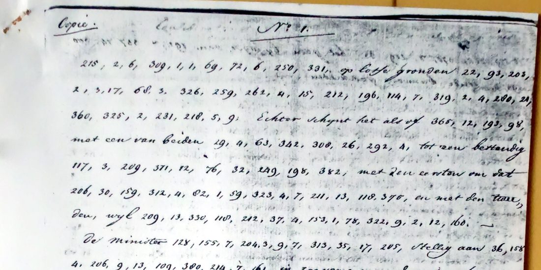 Handwritten page headed 'Copie' and 'No 1': lines of comma-separated numbers such as 215, 2, 6, 309, 1, 1, 69 with clear Dutch words between them: op losse gronden, Echter schynt het als of, met een van beiden, tot een bestendig, met den eersten om dat, en met den tweeden, wyl, De minister