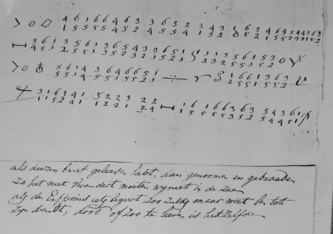 Page 1: four lines of vertical digit pairs and word signs, with clear Dutch written beneath