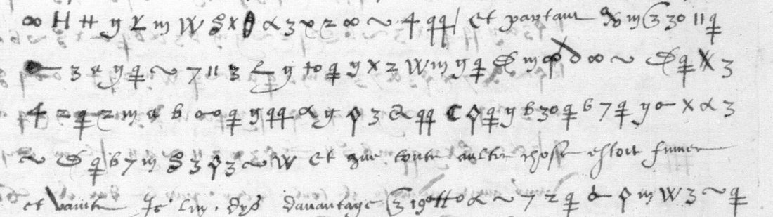 Lines of cipher signs with clear French words between them: et partant, et que toute aultre chose estoit fumee et vent, Je luy dys davantage