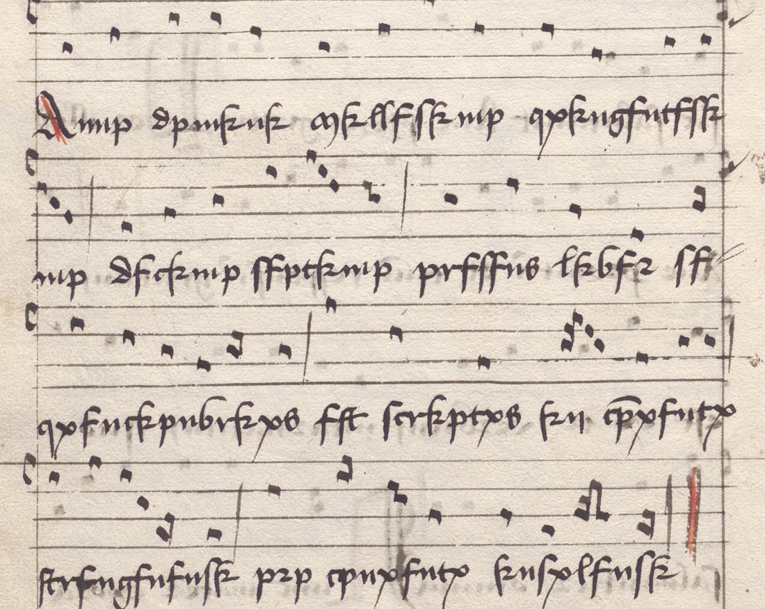 Four lines of cursive Latin letters under four staves of square chant notation