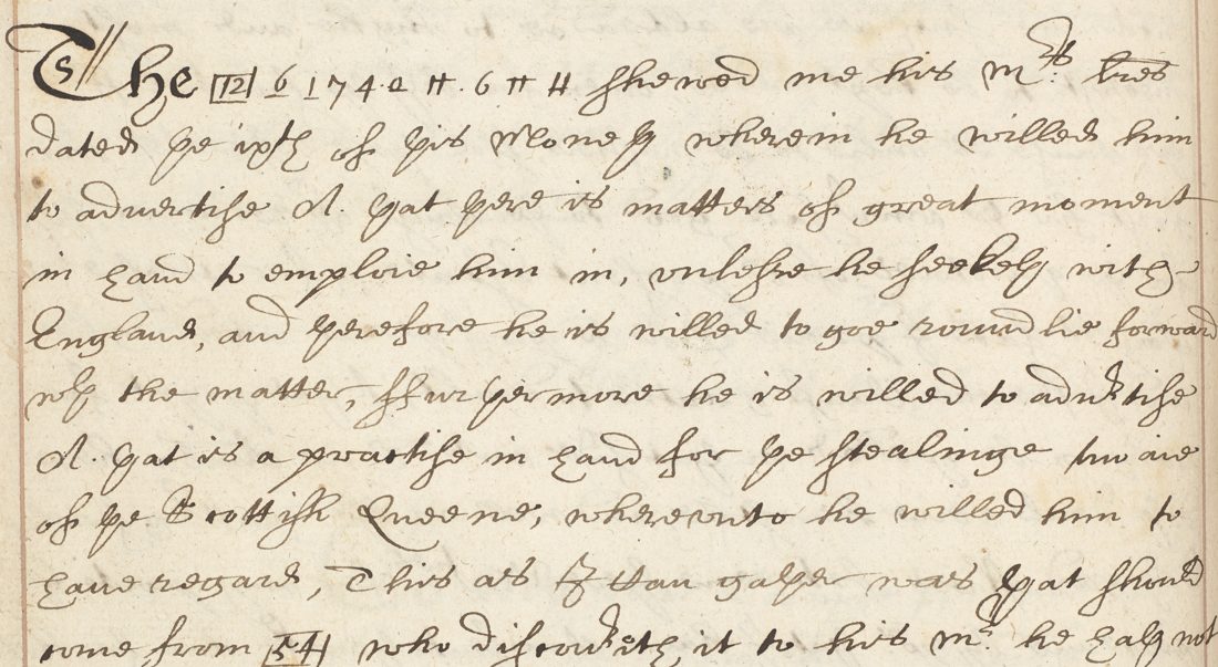 Harley MS 260 f. 112v, Walsingham to Burghley, June 1571, with the boxed code and cipher run in the first line