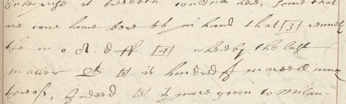 English letter-book lines with boxed numerals and a few isolated letters and signs among the words