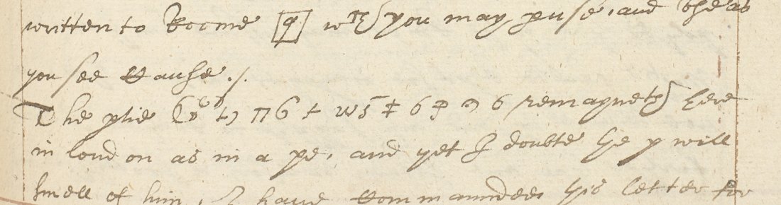 Harley MS 260 f. 367r: the boxed code 9 after Rome, then the line The partie 776 + w5 6 3 6 remaineth here in London