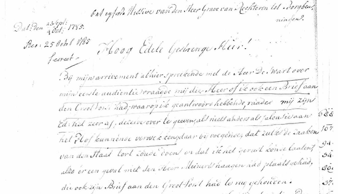 Head of the deciphered letter: 'Ont cyfferde Missive van den Heer Grave van Rechteren tot Borgbeuningen', dated 23 Sept / 4 Oct 1785, received 25 Oct, Secreet