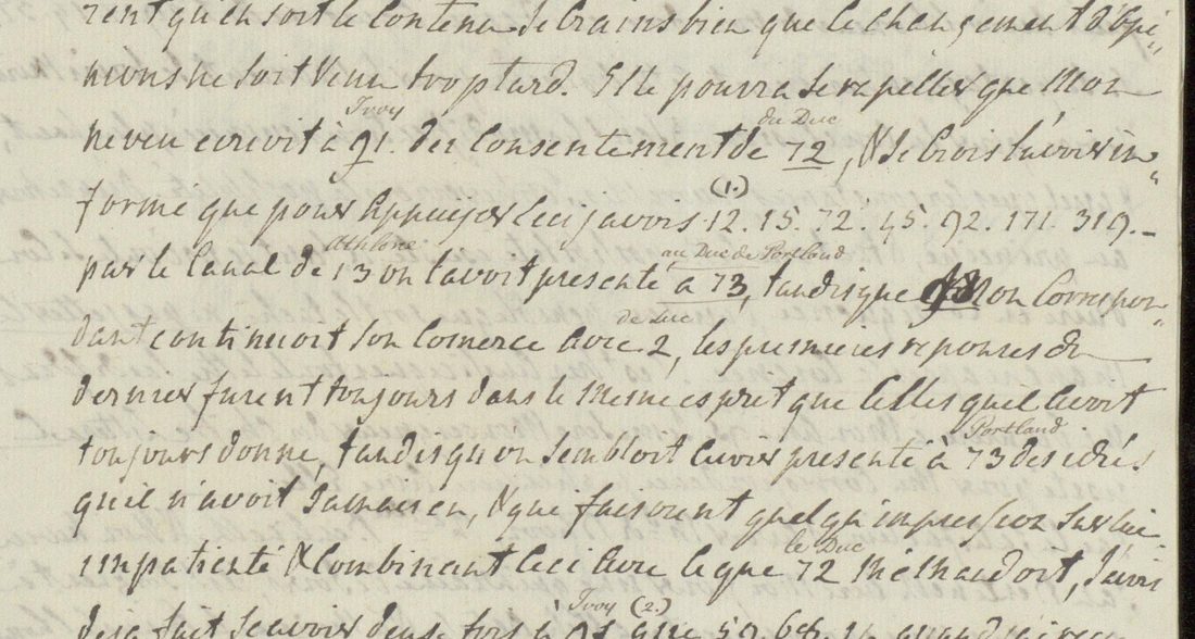 Van Reede's letter of 15 August 1796: French text with numbers glossed Ivoy, du Duc, Athlone, au Duc de Portland, de Luc, and the dotted run marked (1)