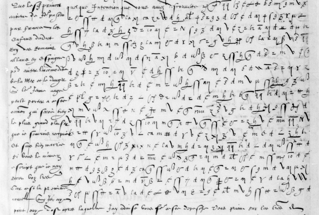 BnF français 3181 f. 57, the ciphered passage with its line-by-line decipherment in the left margin