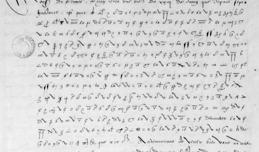 The thirteen ciphered lines of BnF français 3181 f. 55, between the clear opening and the clear ‘Au demourant’