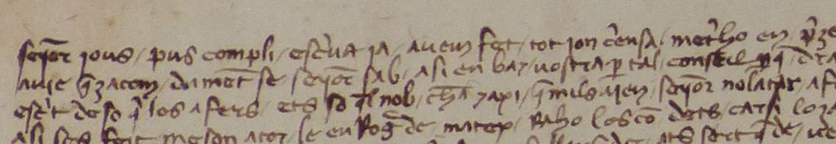 The first four lines of the strip: Senyor jous / pus compli / escriua ja / auem fet, and below it auie quezacom / dament se / senyor sab