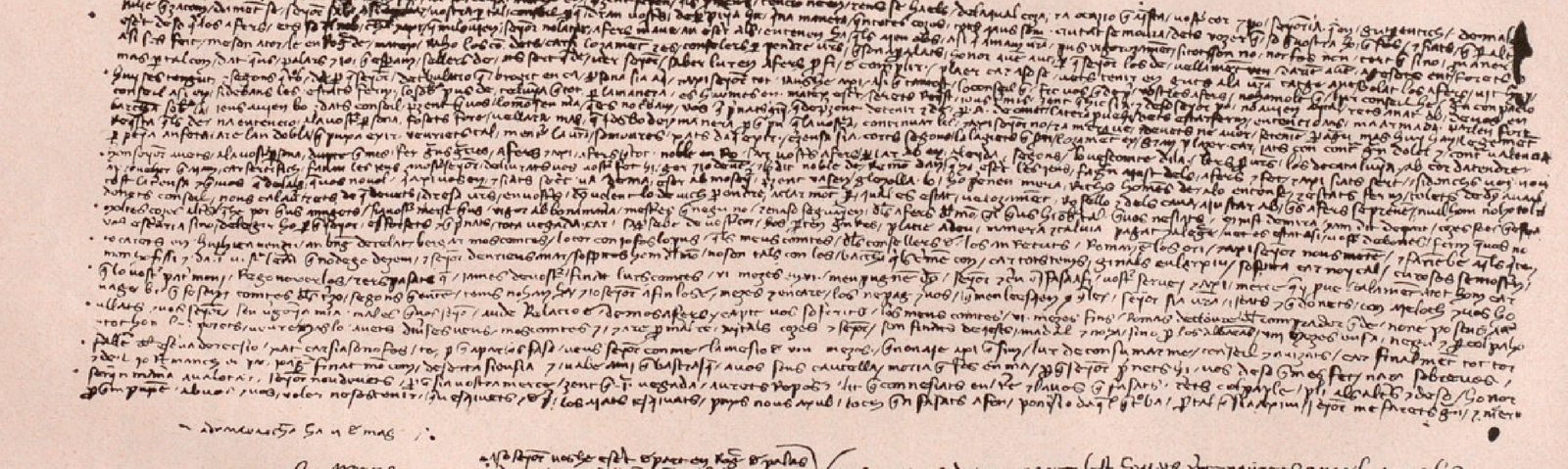 The whole strip: twenty-one dense lines of Catalan cursive with slashes between word groups, the dateline and two clear notes below