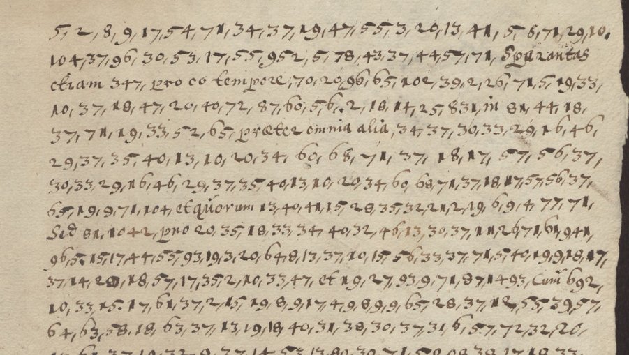 Lines of comma-separated numbers with clear Latin words such as Sequentes etiam, pro eo tempore, praeter omnia alia and et quorum