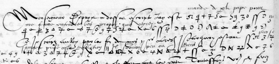 French clear text with runs of cipher signs, and a contemporary decipherment written in small hand above the runs