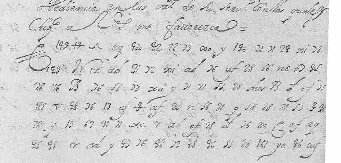 The first cipher block of Ronquillo's letter of 26 February 1678, with no marginal decipherment