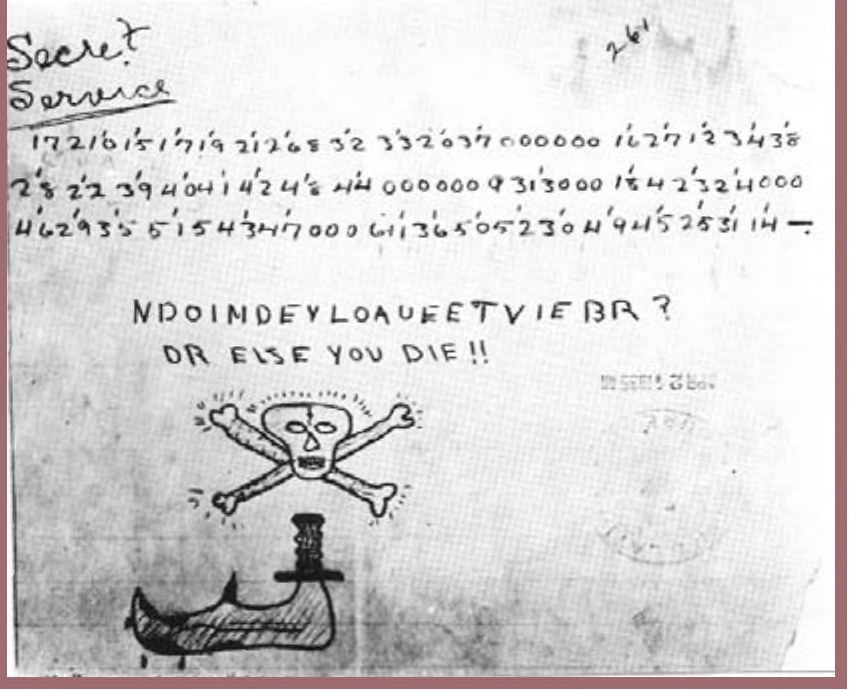 The Roosevelt letter: three lines of digits with ticks, the letter lines, a skull and crossbones and a dagger through a boot