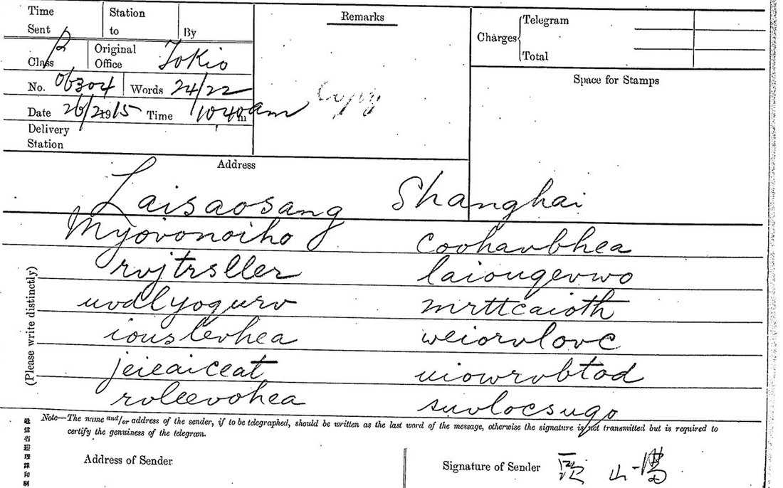 Imperial Government Telegraphs forwarded-message form of 26 February 1915, addressed Laisaosang Shanghai, with twelve handwritten cipher words in two columns and the signature 頭山滿