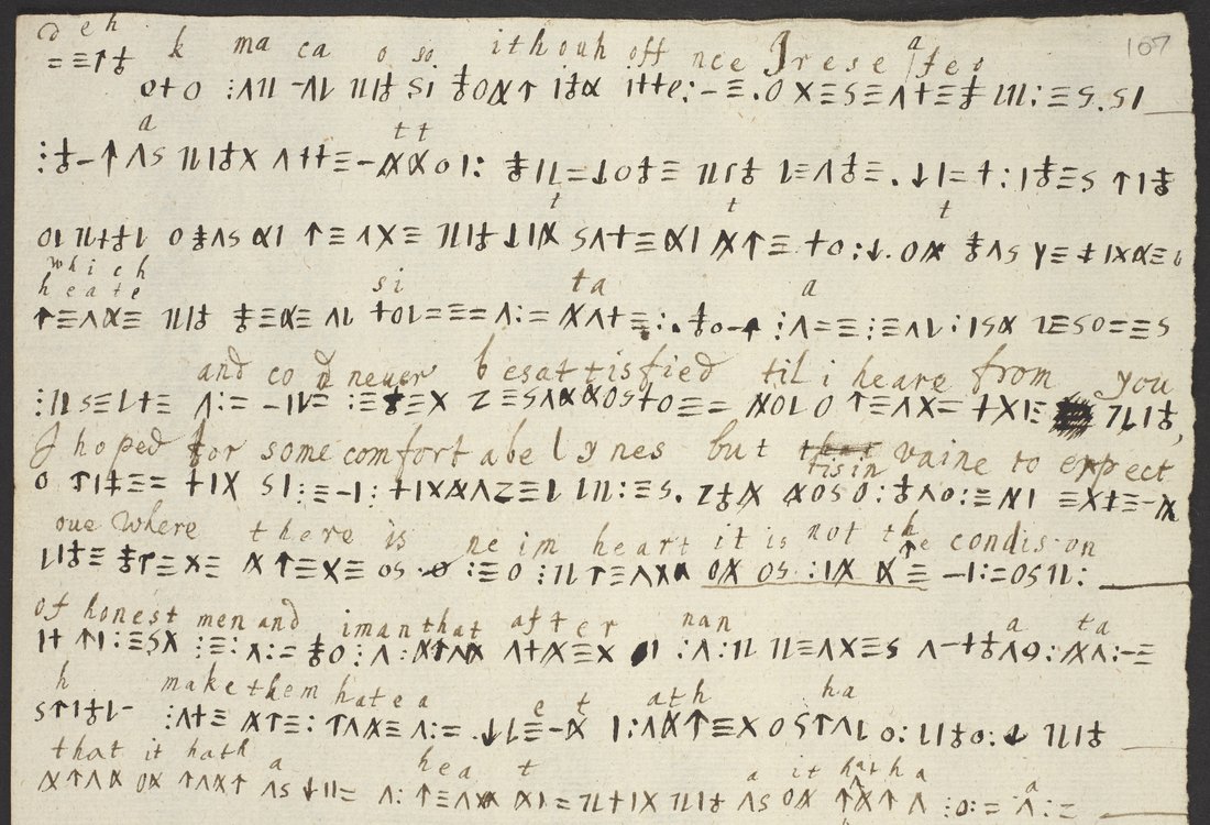 A sheet of ten lines of drawn cipher signs with a partial gloss in a different hand above the lines and an ink blot