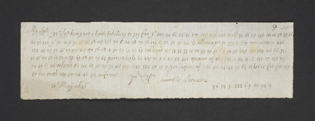A narrow slip of paper with a letter in clear words and numbers, dated 21 May 1646, signed with a row of figures