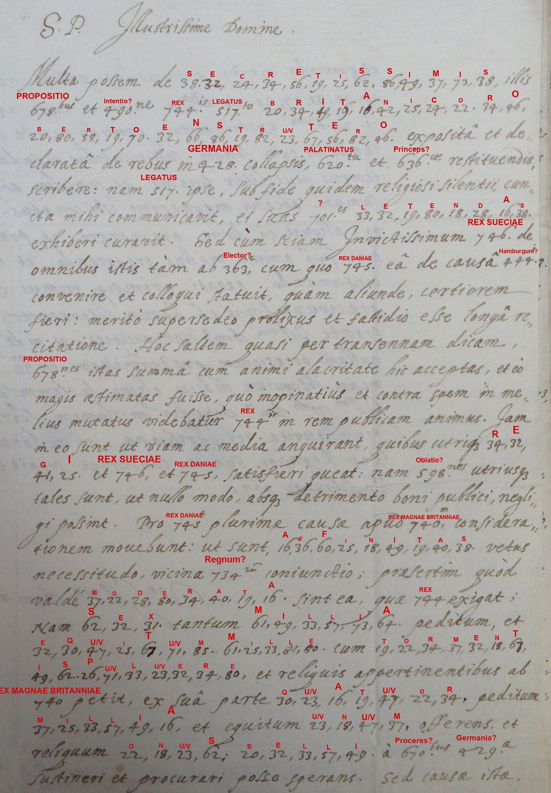 The first page of the letter with George Lasry's decipherment written in red above each cipher group