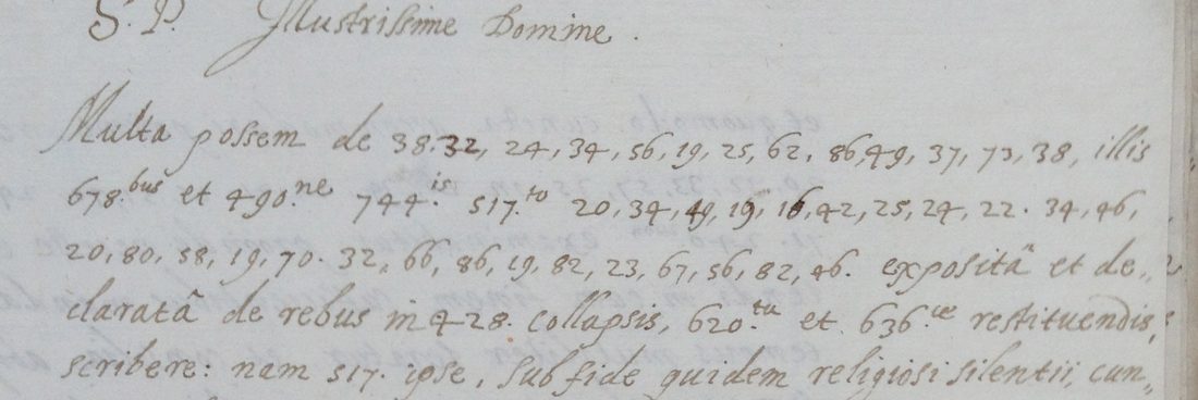 The opening lines of Rusdorff's letter of 15/25 February 1625: Latin handwriting with runs of two-digit numbers and three-digit codes with endings written above them