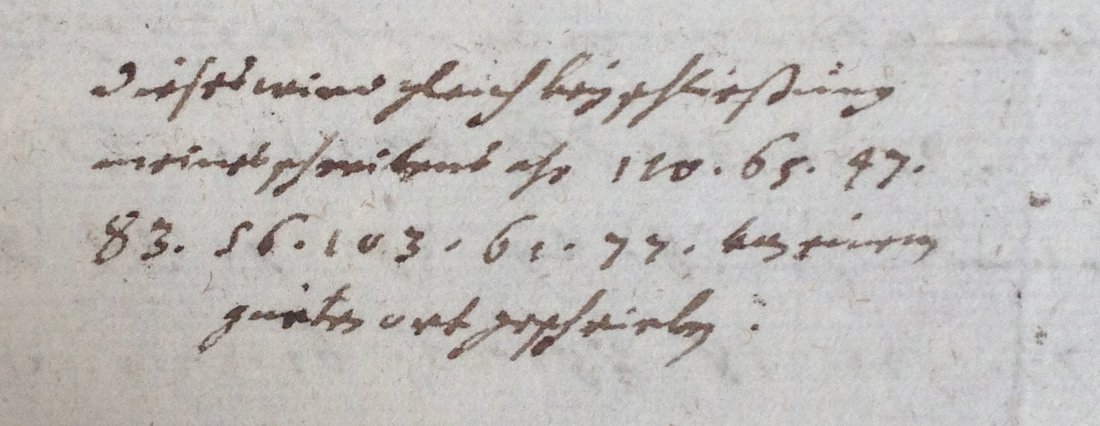 Four lines of German handwriting with the figures 120. 65. 47. 83. 56. 103. 61. 77 in the middle