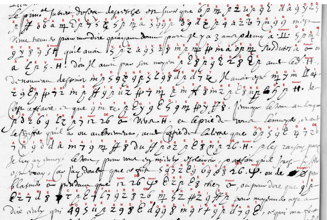 A page of the 1633 letter-book with runs of cipher signs; George Lasry's decipherment is written in red above each sign