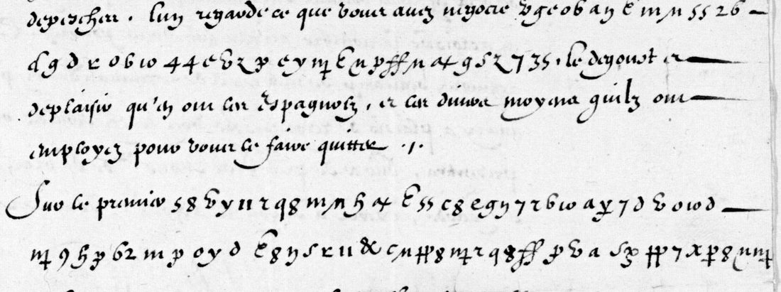 French handwriting with runs of cipher letters, numbers and signs set among clear words