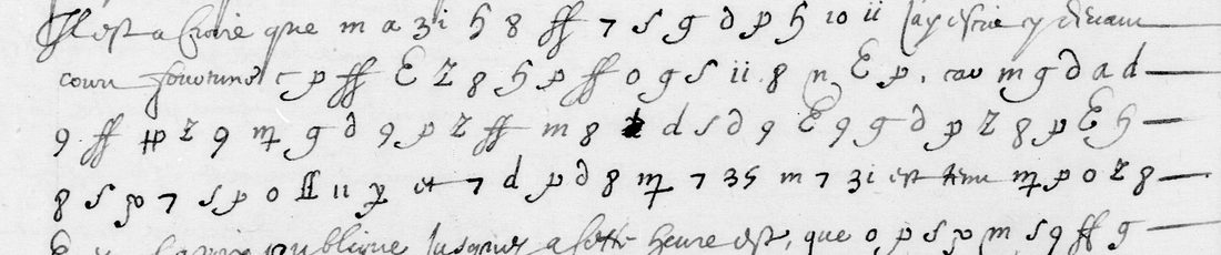Lines of French handwriting in which runs of letters, digits and invented signs alternate with clear words