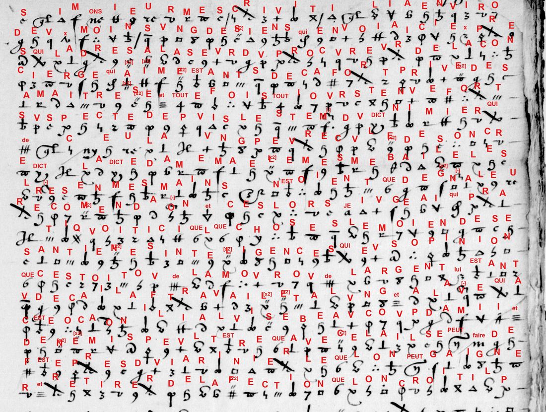 The first page of the letter with George Lasry's decipherment in red above every symbol