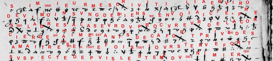 The first lines of the cipher letter: rows of invented symbols with George Lasry's letter values in red above each