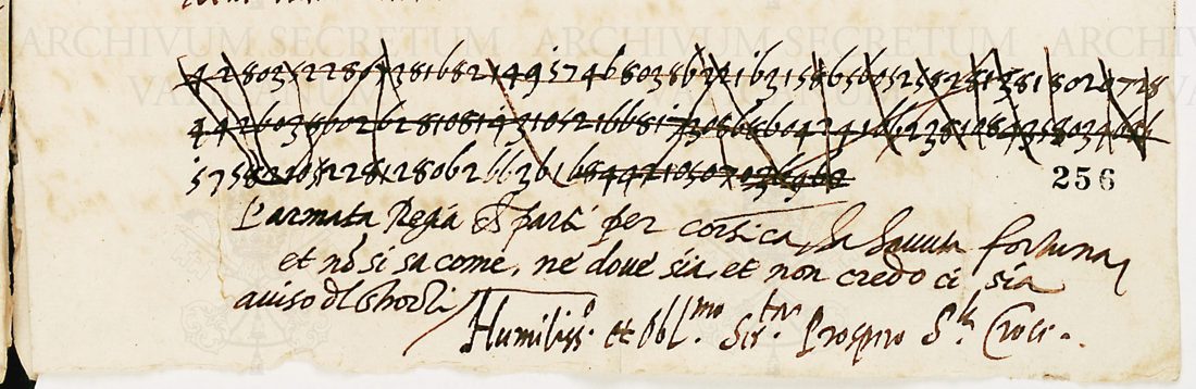 Foot of f. 248r: three lines of cipher figures crossed through, with the Italian postscript written in clear beneath and Santa Croce's subscription