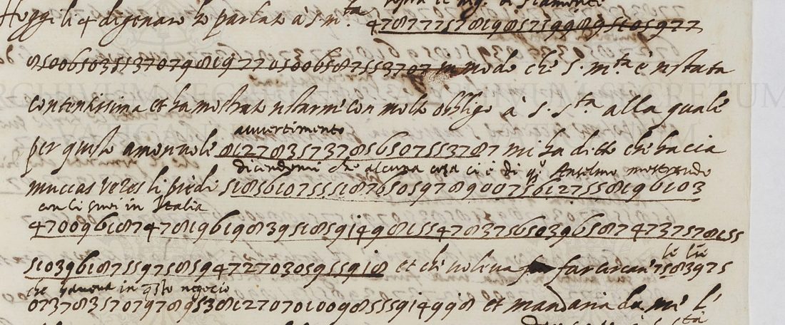 Top of a cipher letter: Italian clear text with underlined digit strings, and the decipherment written above them