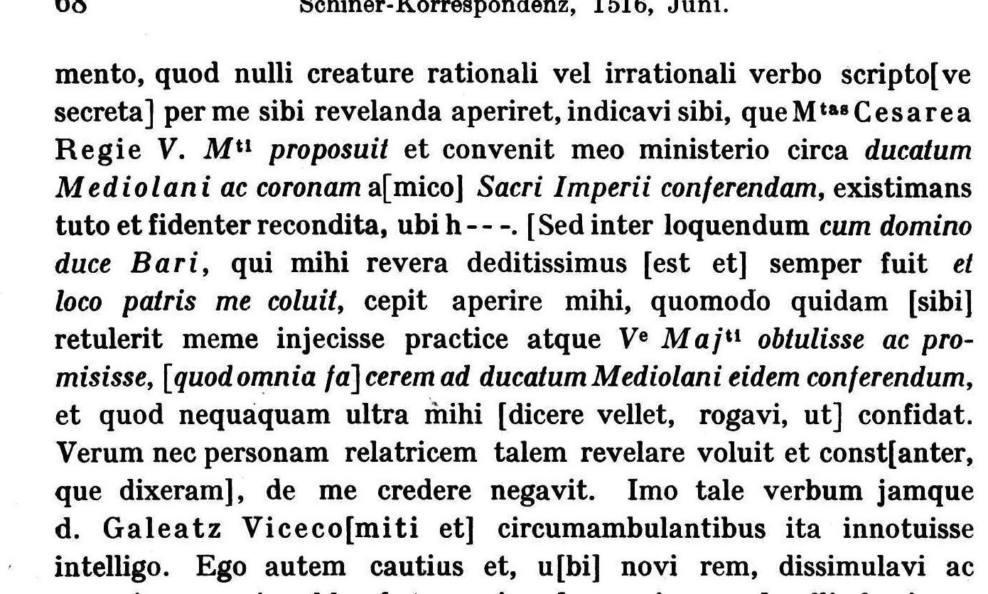 Printed Latin with italic passages: V. Mti proposuit, ducatum Mediolani ac coronam, Sacri Imperii conferendam, cum domino duce Bari, et loco patris me coluit, and a long italic passage about Galeazzo and the duchy of Milan