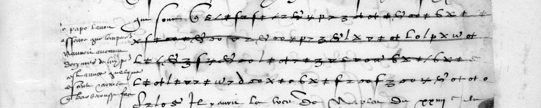 Cipher lines on f. 48r ruled through, with the decipherment in the margin