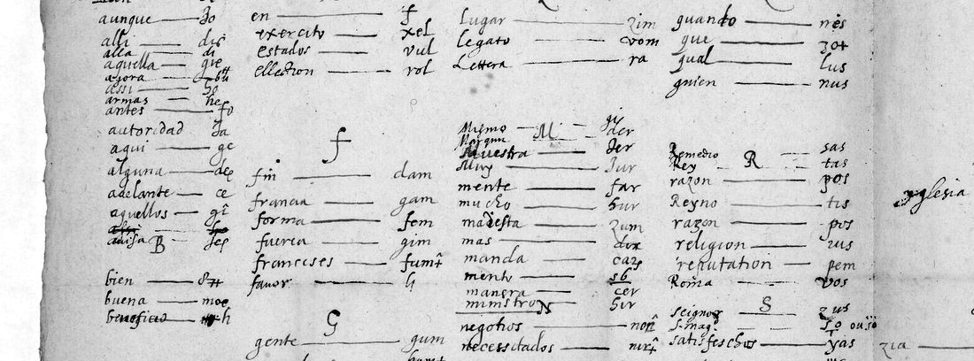 BnF fr. 3995 f. 97 のノーメンクレーター:段組みにされたスペイン語の語とその暗号群
