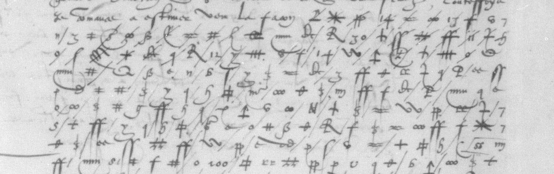Nine lines of Seure's cipher signs, among them the numerals 14, 13, 30, 12 and 100