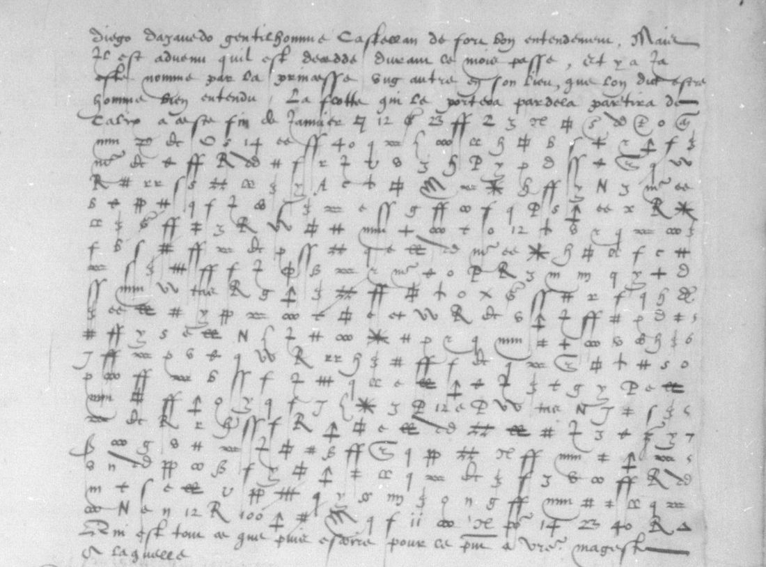 A page of Seure's letter: clear French at the top, then lines of invented symbols and numerals such as 12, 23 and 100